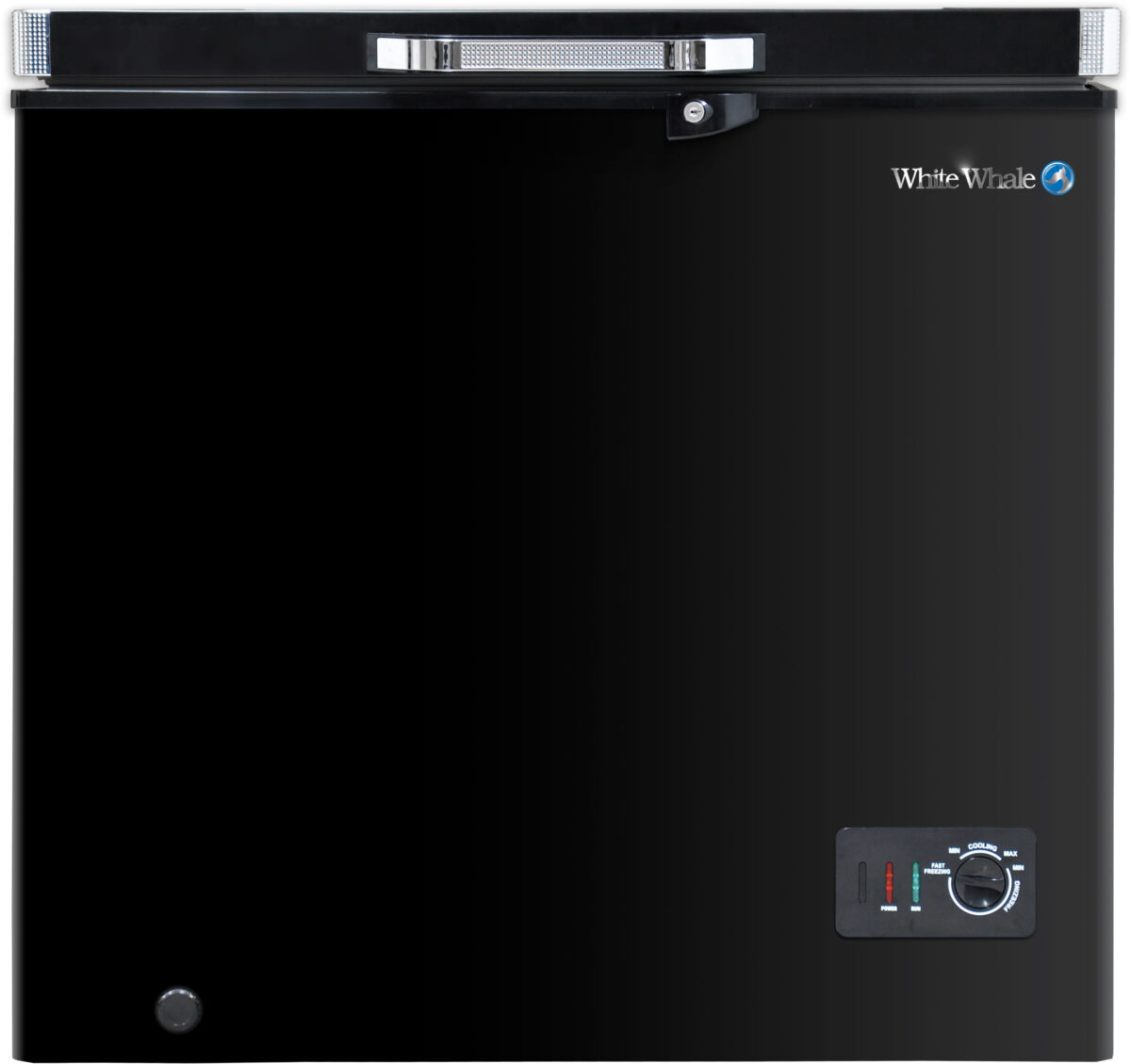 Black chest freezer with a sleek design, featuring the White Whale logo on the top right corner, a control panel with temperature settings at the bottom right, and a compact, modern appearance.