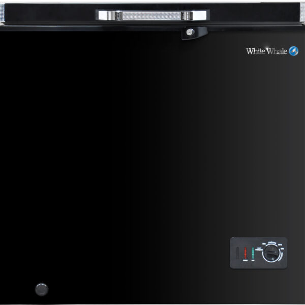 Black chest freezer with a sleek design, featuring the White Whale logo on the top right corner, a control panel with temperature settings at the bottom right, and a compact, modern appearance.