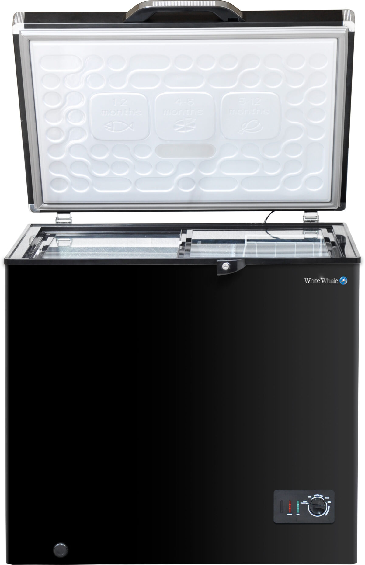 Black chest freezer with its door opened and internal design shown with a sleek design, featuring the White Whale logo on the top right corner, a control panel with temperature settings at the bottom right, and a compact, modern appearance.